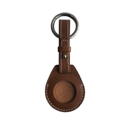 A brown leather AirTag Holder with a teardrop-shaped tag, white contrast stitching, and a silver metal key ring