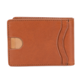 A slim, minimalist bifold wallet made of smooth tan leather, featuring a curved card slot on the right side and a small semi-circular cutout on the left side, shown against a plain white background.