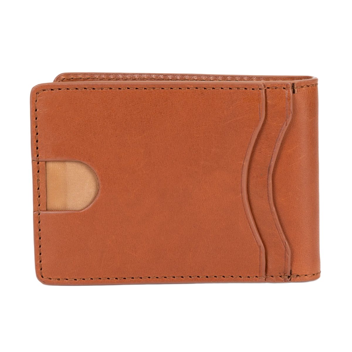 A slim, minimalist bifold wallet made of smooth tan leather, featuring a curved card slot on the right side and a small semi-circular cutout on the left side, shown against a plain white background.