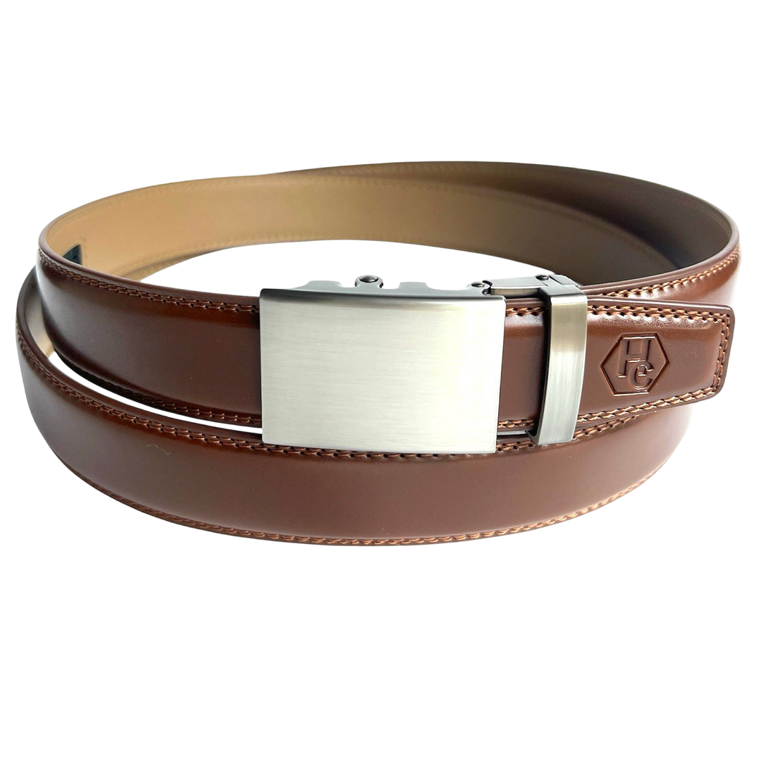 Hedonist Chicago Brown leather ratchet belt with silver buckle