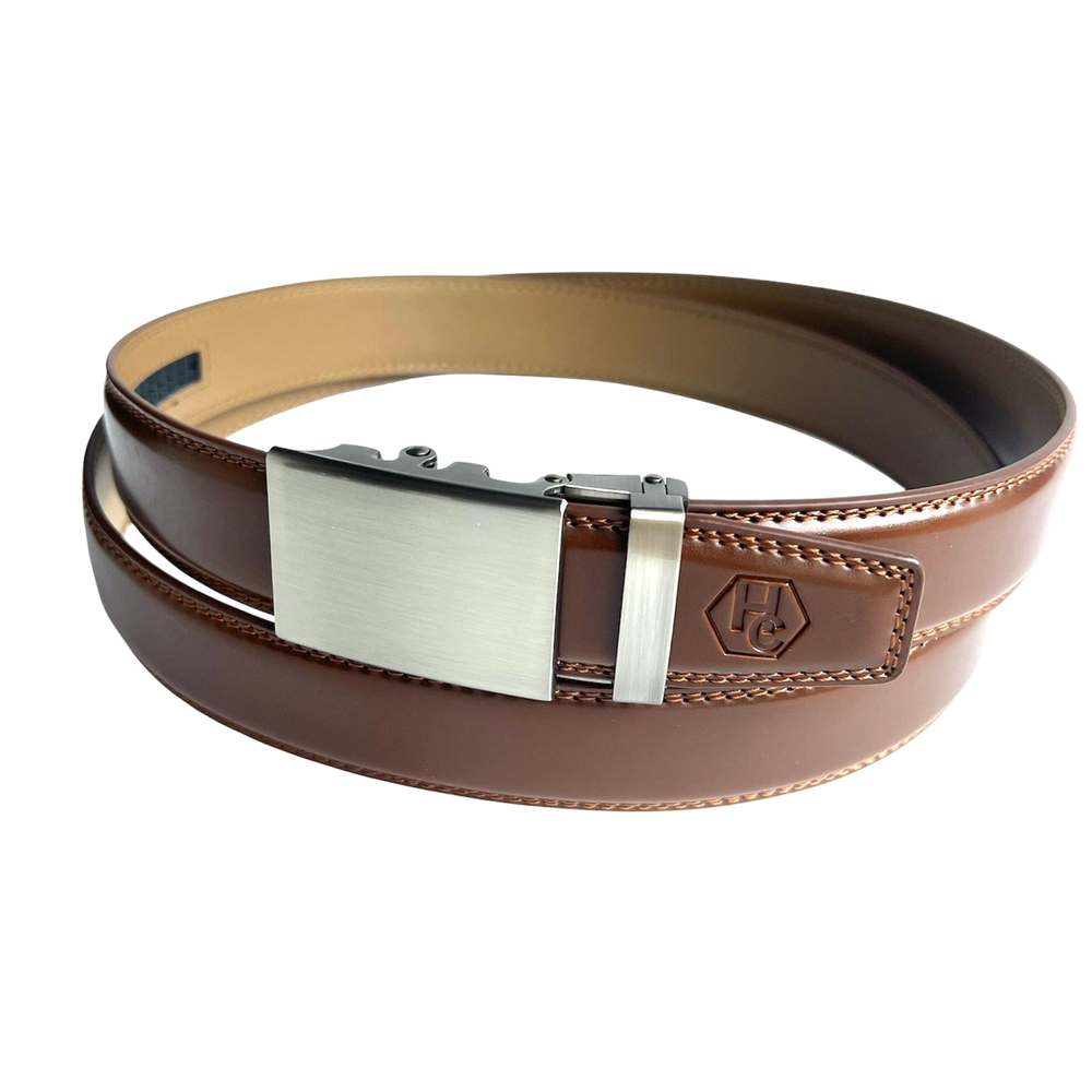 Hedonist Chicago tan Brown leather ratchet belt with silver buckle close view