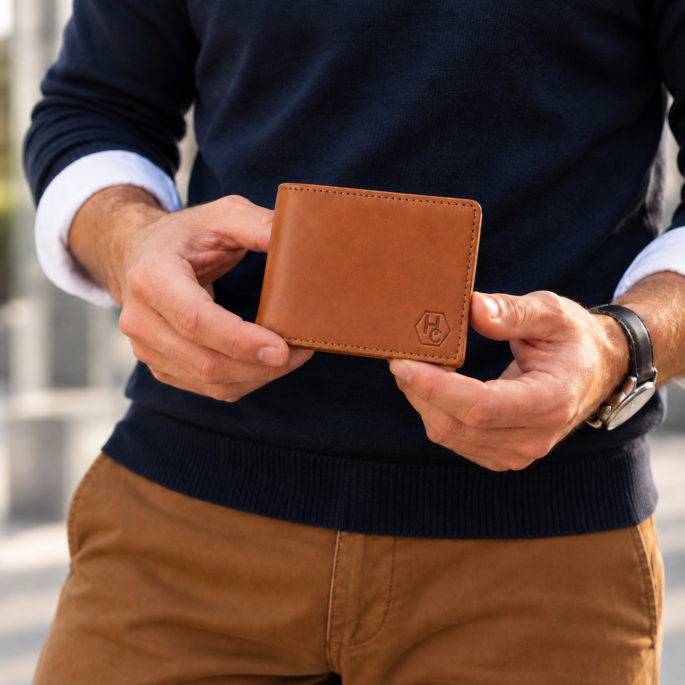 A man holds a small brown leather bifold wallet in both hands. The wallet has a debossed geometric logo on the bottom right corner.
