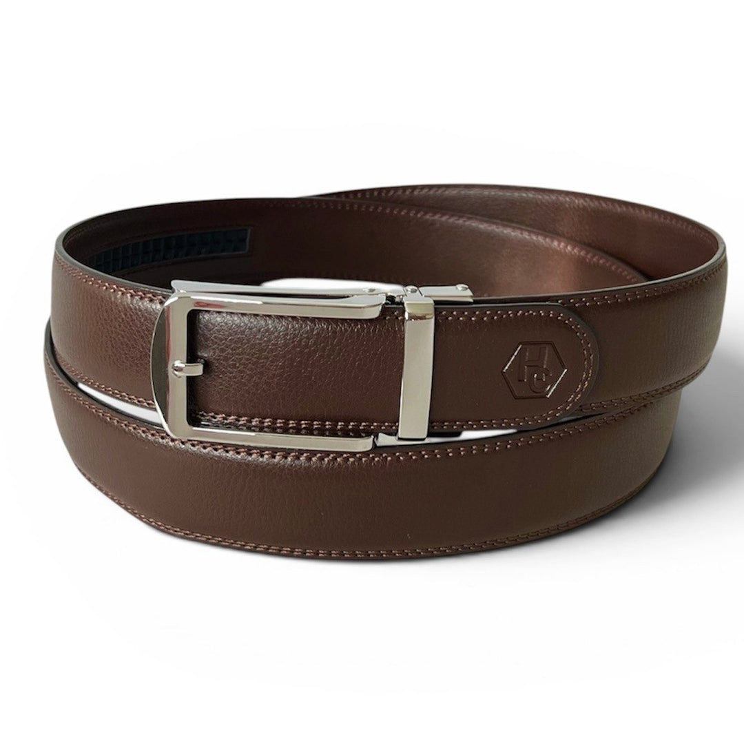Brown leather belt with silver buckle on a white background