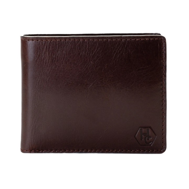 A dark brown leather bifold wallet with a tonal embossed logo on the bottom right corner, shown against a plain white background.