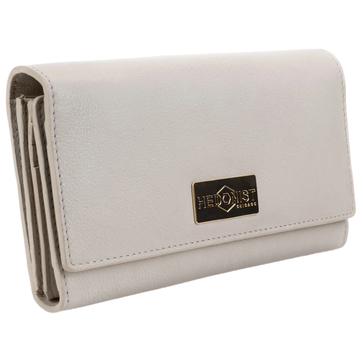 Gray leather trifold wallet for women closed, gold-tone Hedonist Chicago plaque on front