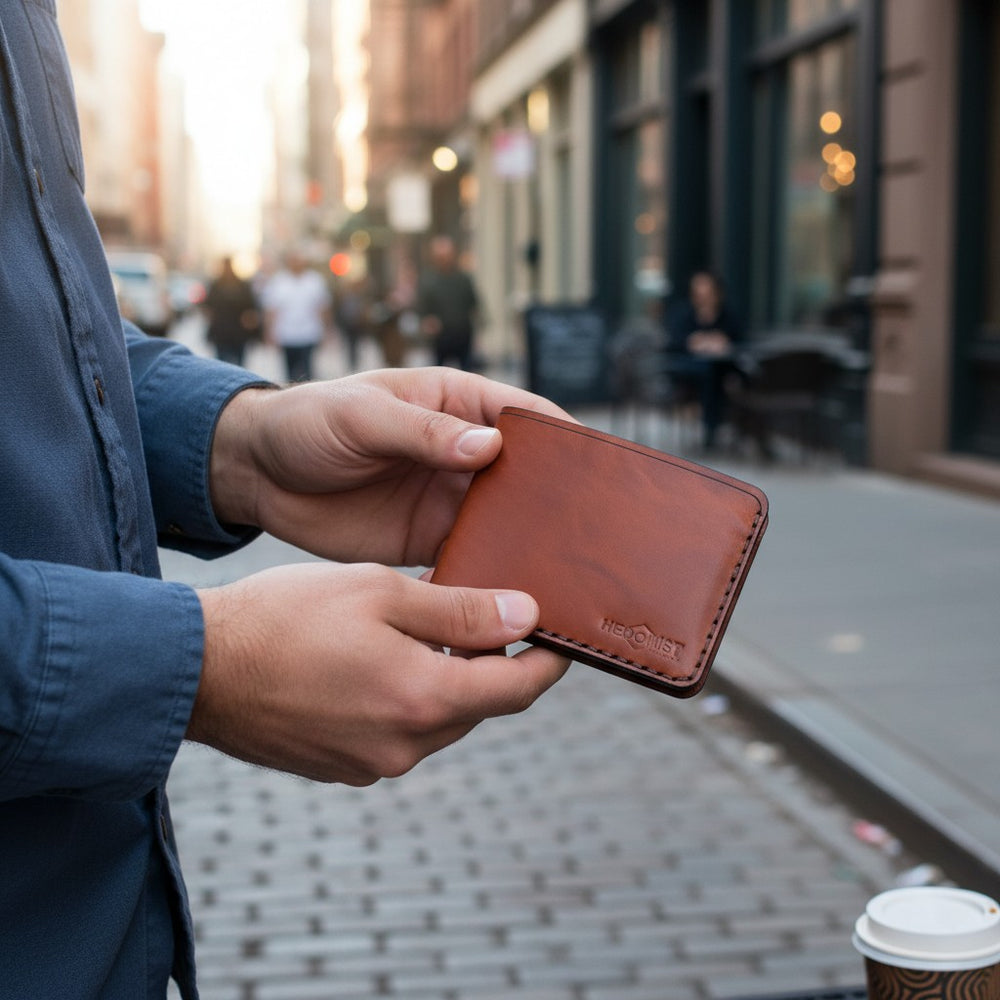 A man holding a brown leather bifold handmade wallet in his hands, standing on a city street. 