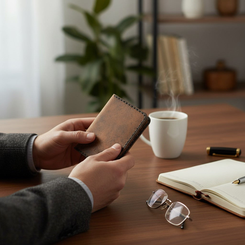 A person holds a brown handmade leather bifold wallet in both hands at a wooden desk, with a white coffee mug, an open notebook, glasses, and a pen nearby in a softly lit indoor setting.
