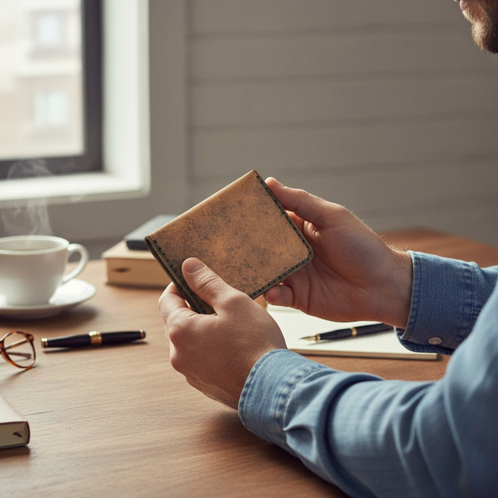 A person holding a brown handmade leather wallet in both hands at a wooden desk, with a coffee cup, notebook, and pen in the background.