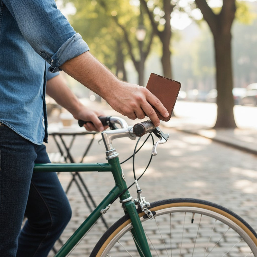 A person in a blue denim shirt and dark jeans holds a brown handmade leather wallet next to a green bicycle on a tree-lined paved path.