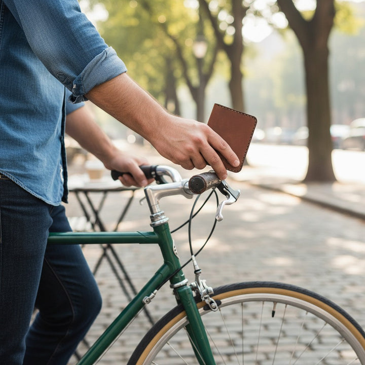 A person in a blue denim shirt and dark jeans holds a brown handmade leather wallet next to a green bicycle on a tree-lined paved path.