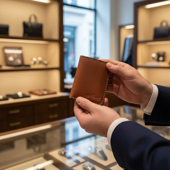 A person in a navy suit holding a small brown leather handmade wallet inside a luxury watch and bag boutique with warm lighting. (whisky leather, ID window)