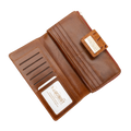 A brown leather wallet shown open, displaying its interior card slots, bill compartment, and a zippered pocket. The brand name 'HEDONIST CHICAGO' is visible on a small leather tag and a white card insert.