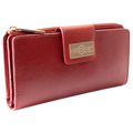 Long red leather wallet closed, front flap with gold-tone Hedonist Chicago plaque