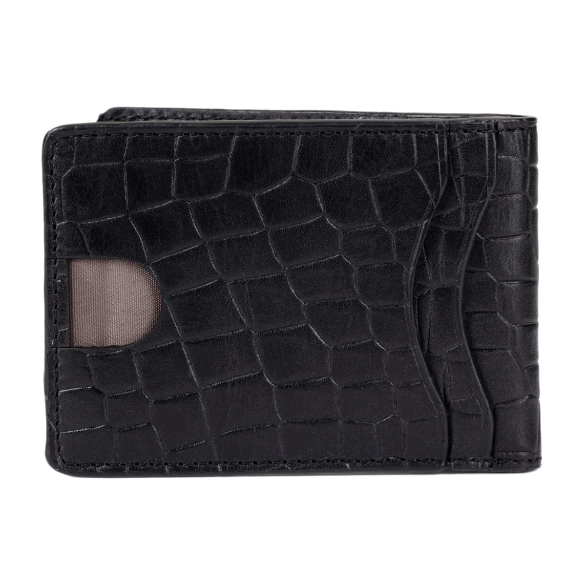 Black crocodile-embossed leather bifold wallet with a cardholder slot on the front, shown against a plain white background.