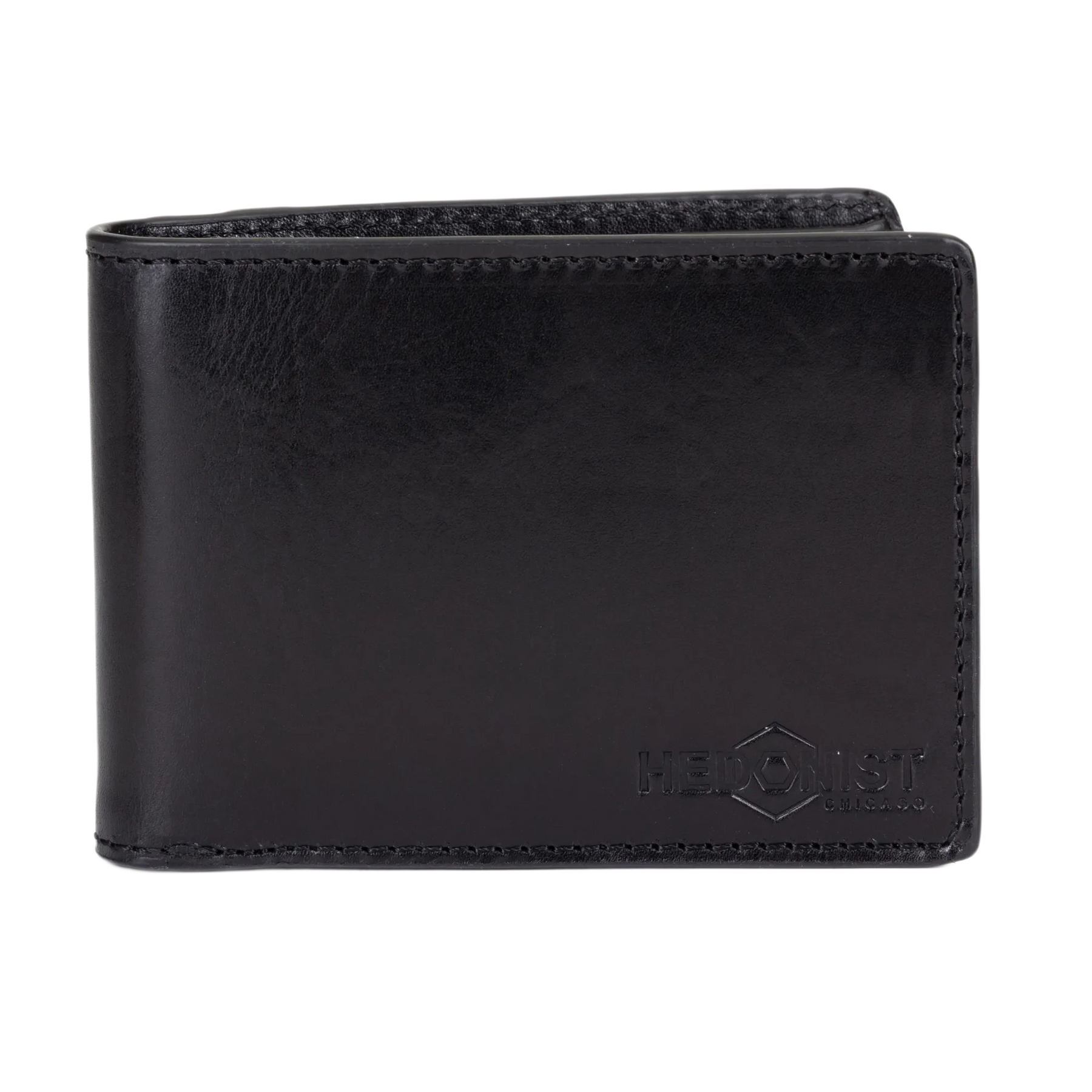 A black leather bi-fold wallet with a debossed Hedonist Chicago logo on the lower right corner, shown against a plain white background.