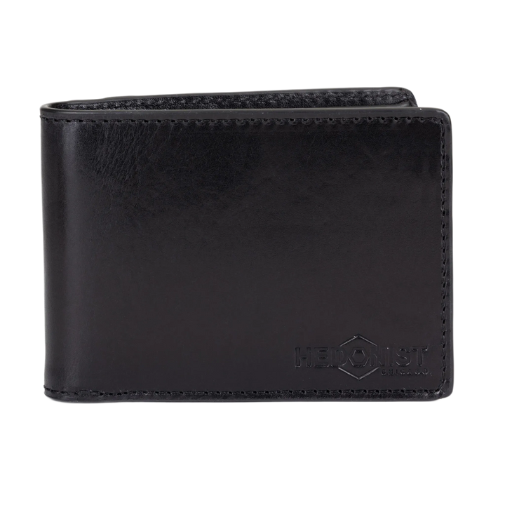 A black leather bi-fold wallet with a debossed Hedonist Chicago logo on the lower right corner, shown against a plain white background.