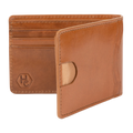 A tan leather bi-fold wallet shown open, featuring card slots on the left side and a card holder pocket on the front, with an embossed 'HC' logo on the inside.