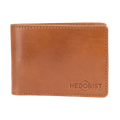 A tan leather bifold wallet with visible stitching and an embossed 'HEDONIST CHICAGO' logo in the bottom right corner, shown against a plain white background.