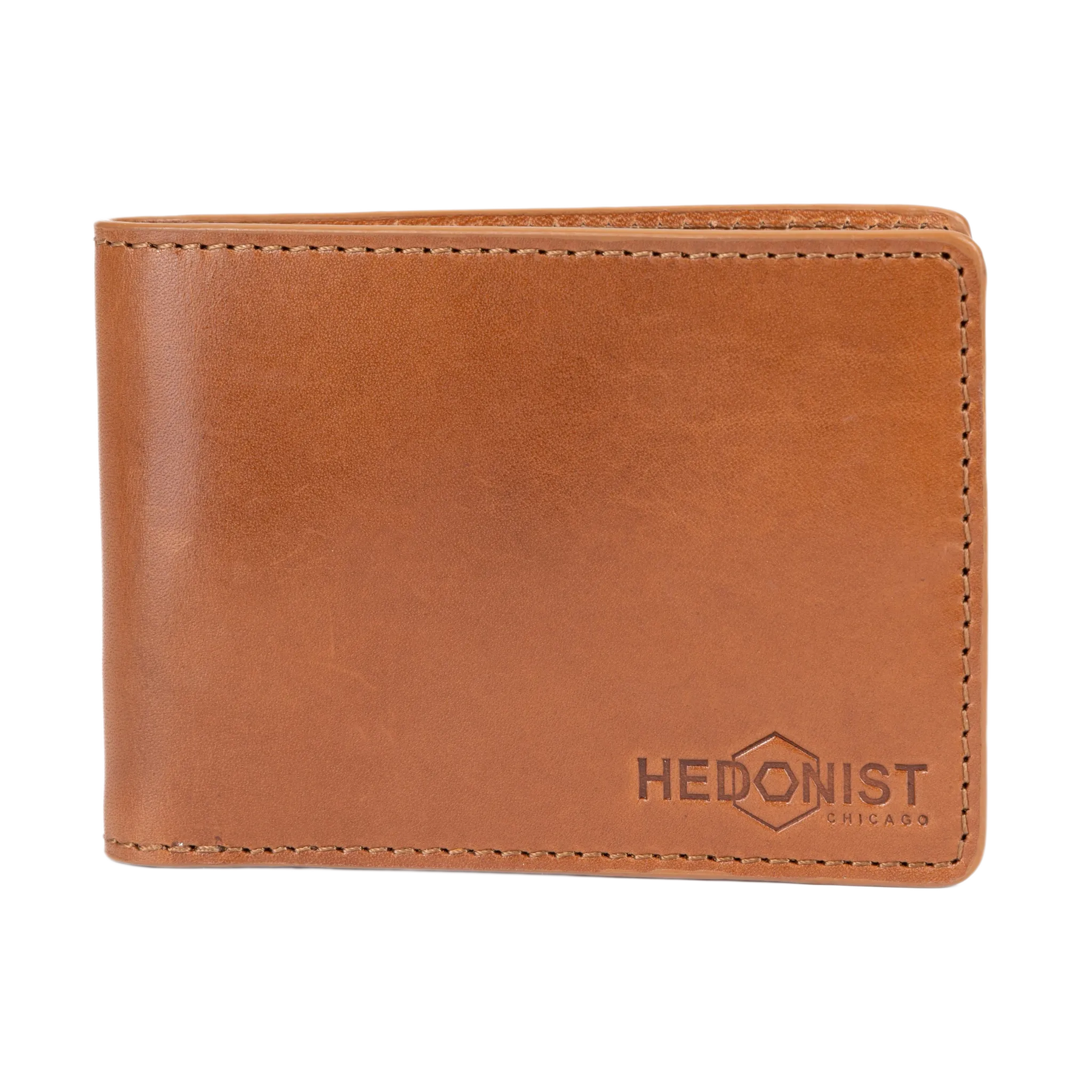 A tan leather bifold wallet with visible stitching and an embossed 'HEDONIST CHICAGO' logo in the bottom right corner, shown against a plain white background.