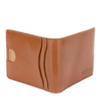 A tan leather bi-fold wallet shown open against a plain white background, featuring card slots, a side pocket, and an embossed logo on the lower right.