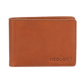 A brown leather bi-fold wallet with visible stitching and an embossed 'HEDONIST CHICAGO' logo in the bottom right corner, shown on a plain white background.