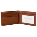 A brown leather bi-fold wallet shown open, featuring multiple card slots on the left and an ID window on the right with the brand name 'HEDONIST' printed inside.