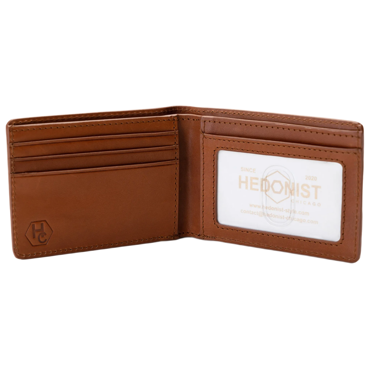 A brown leather bi-fold wallet shown open, featuring multiple card slots on the left and an ID window on the right with the brand name 'HEDONIST' printed inside.