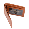 A tan leather bifold wallet shown open, featuring an ID Window.