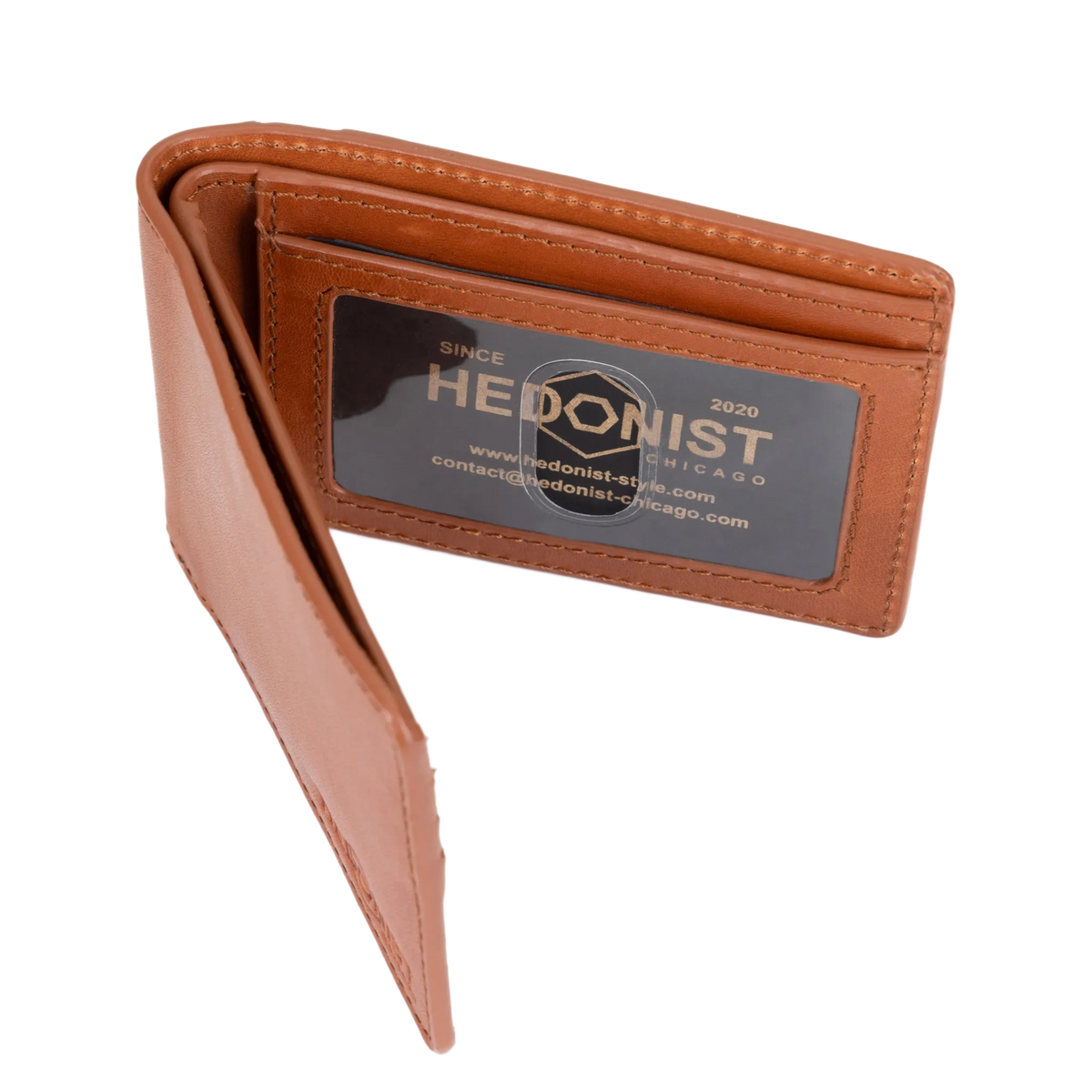 A tan leather bifold wallet shown open, featuring an ID Window.