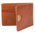 A tan leather bifold wallet shown open, displaying its interior card slots and a debossed 'HC' logo on the left pocket. A small light tan circular accent is visible on the right pocket.