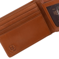 A close-up of an open brown leather wallet showing card slots, a cardholder pocket, and a debossed logo on the lower left corner.