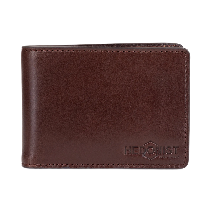 A dark brown leather bifold wallet with a debossed HEDONIST logo on the bottom right corner, shown against a plain white background.
