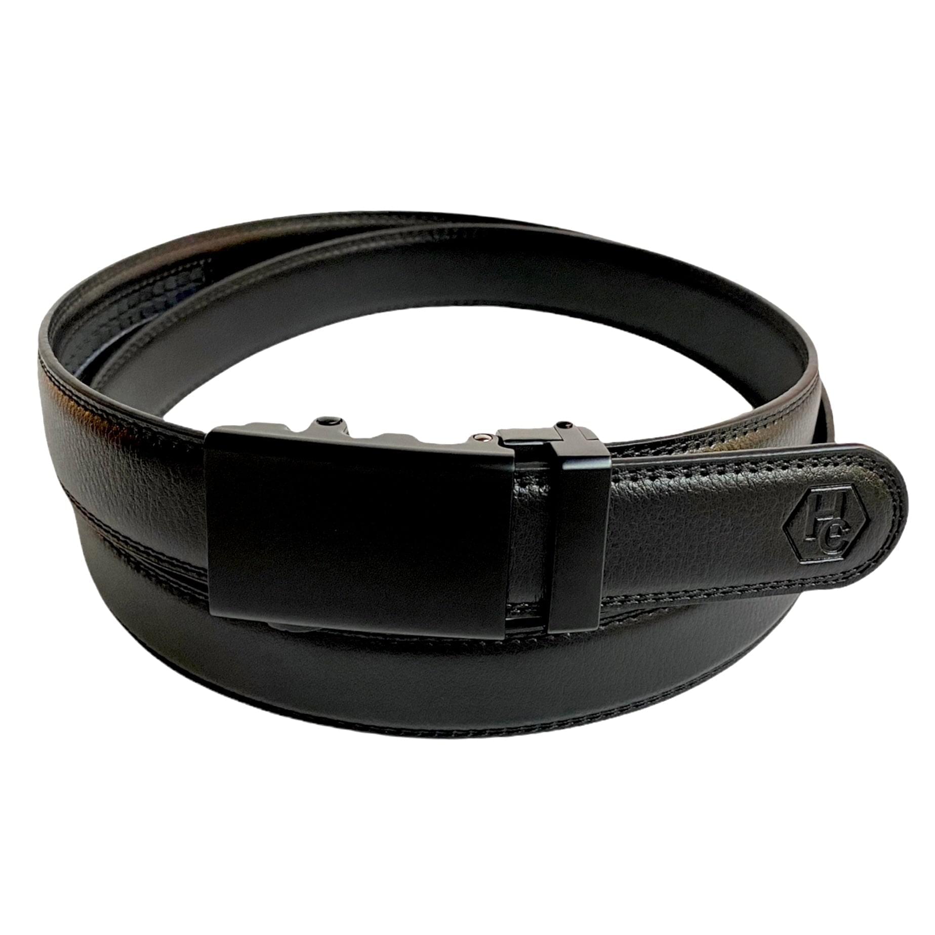 1.15" Genuine Leather Black Strap & Automatic Buckle Black Folded Edges