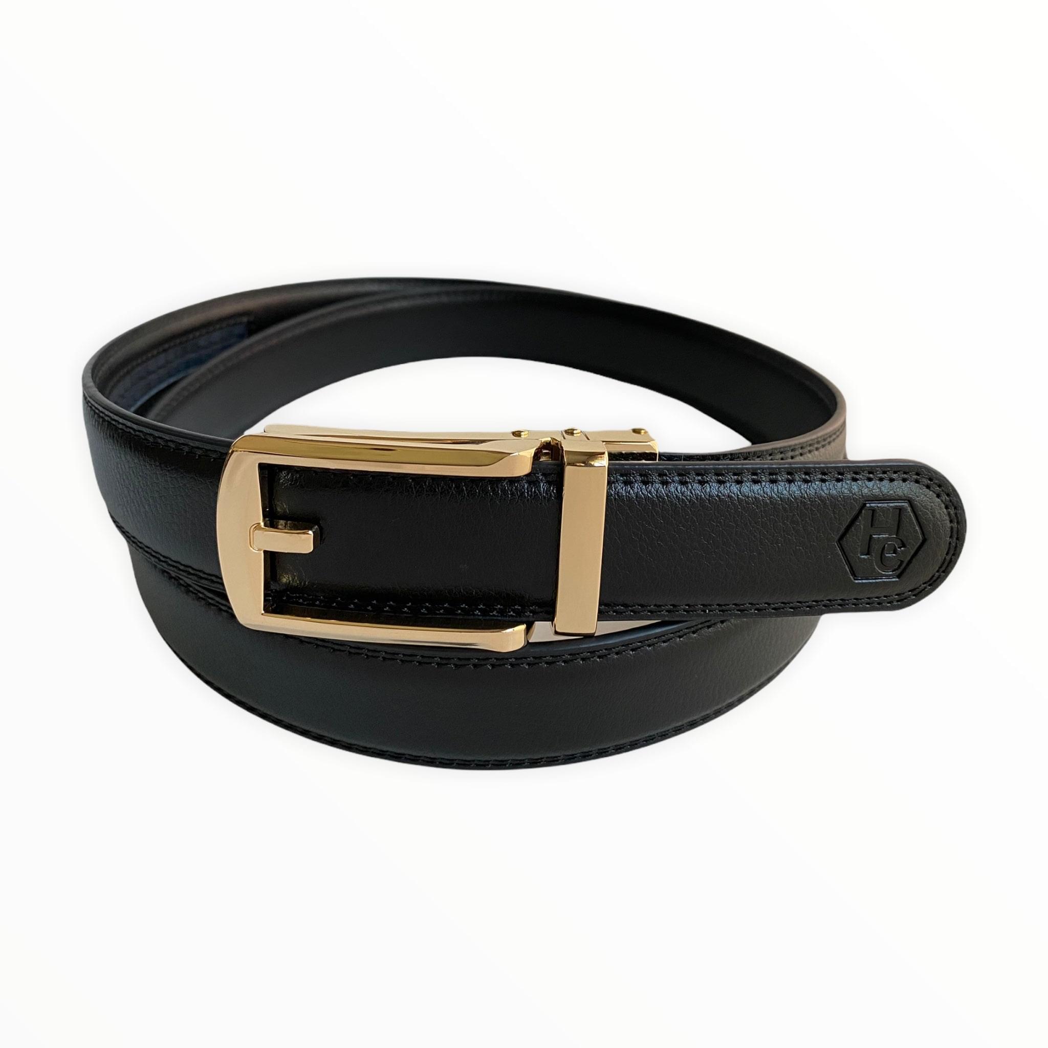 1.15" Genuine Leather Black Strap & Automatic Buckle Gold Hollow