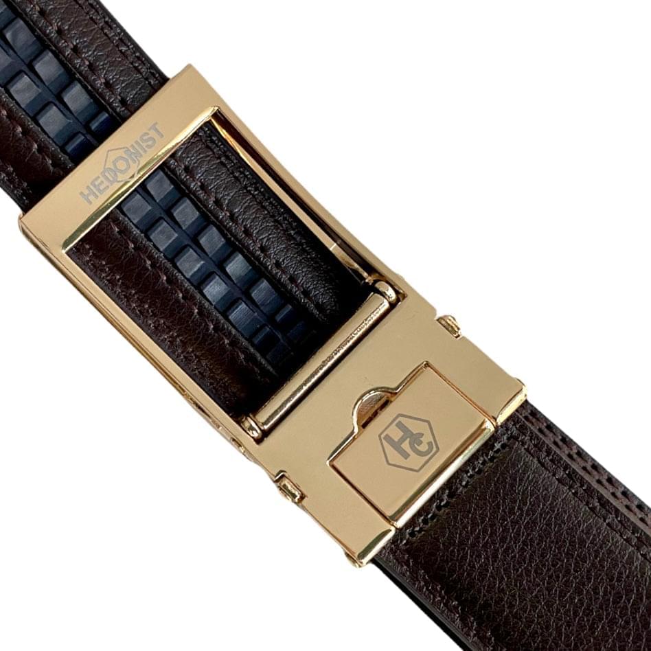 1.15" Genuine Leather Dark Brown Strap & Automatic Buckle Gold Hollow 31837639114903
