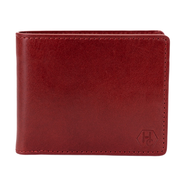 A dark red leather bi-fold wallet with visible stitching and a debossed geometric logo in the bottom right corner, shown against a plain white background.