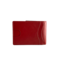 A red leather bifold wallet with minimalist card slots and a side card pocket, photographed on a clean white background.
