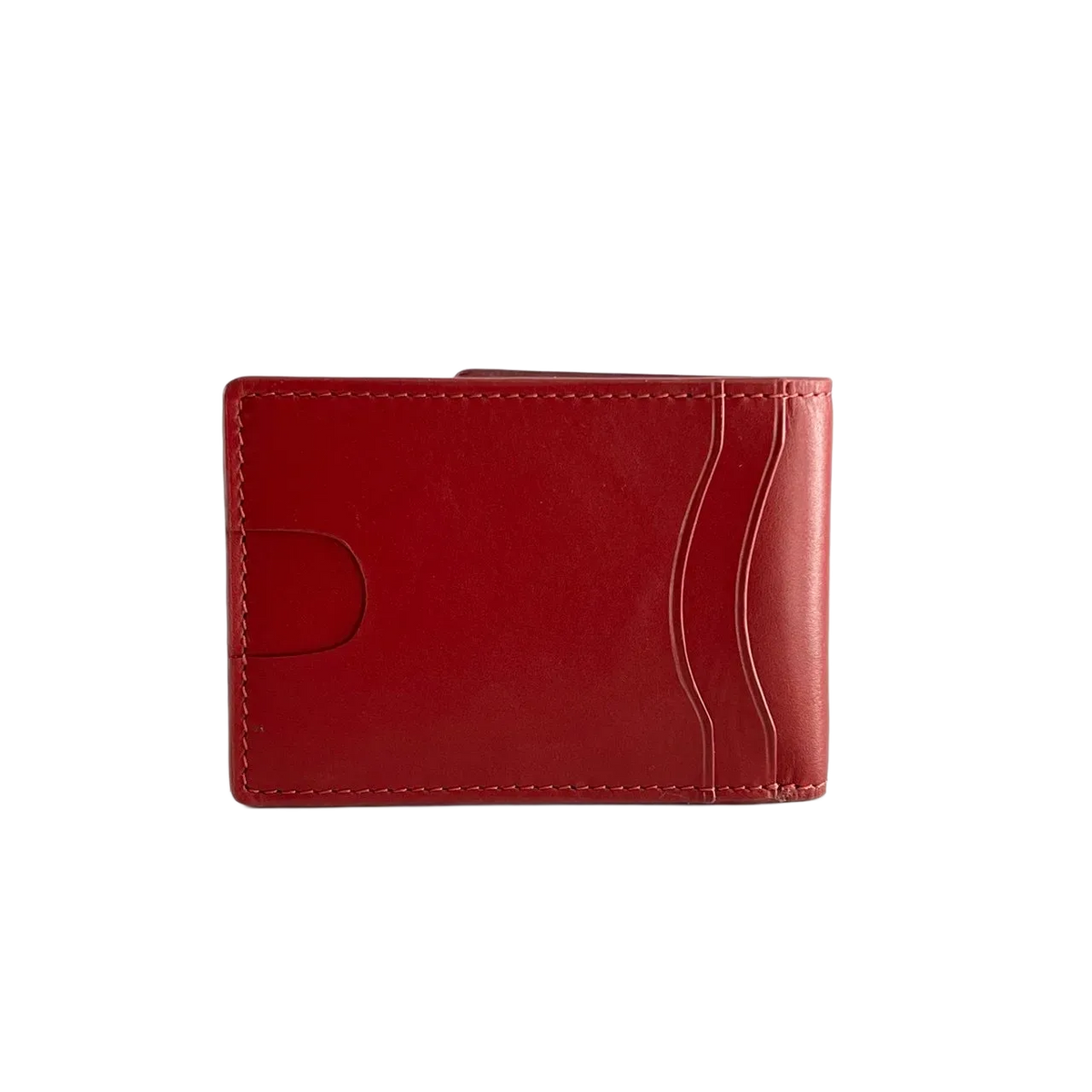 A red leather bifold wallet with minimalist card slots and a side card pocket, photographed on a clean white background.