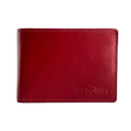 A red leather bifold wallet with visible stitching and an embossed logo reading 'HEDONIST Chicago' on the lower right.
