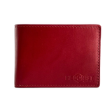 A red leather bifold wallet with visible stitching and an embossed logo reading 'HEDONIST Chicago' on the lower right.