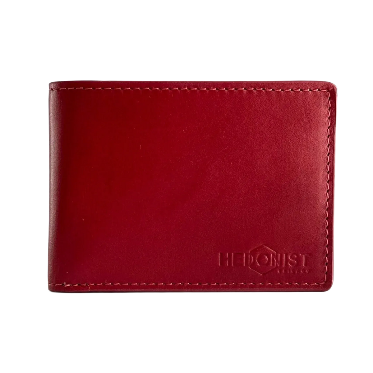 A red leather bifold wallet with visible stitching and an embossed logo reading 'HEDONIST Chicago' on the lower right.