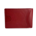 A slim red leather card holder wallet with a minimalist design, featuring a curved cutout on the left side and a wavy stitched detail on the right, shown on a plain white background.