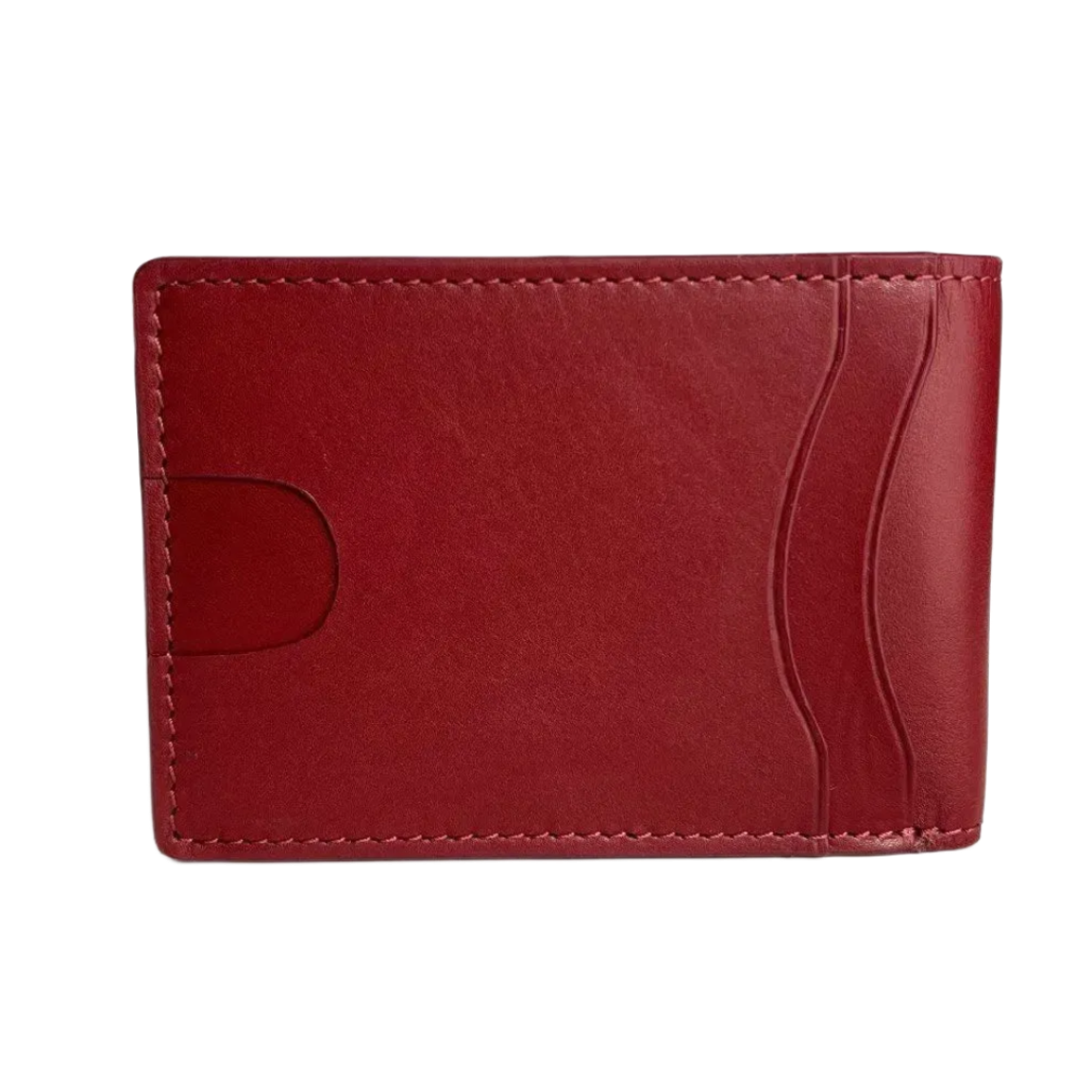 A slim red leather card holder wallet with a minimalist design, featuring a curved cutout on the left side and a wavy stitched detail on the right, shown on a plain white background.