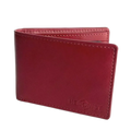A red leather bi-fold wallet with a debossed Hedonist logo on the front, shown on a plain white background.