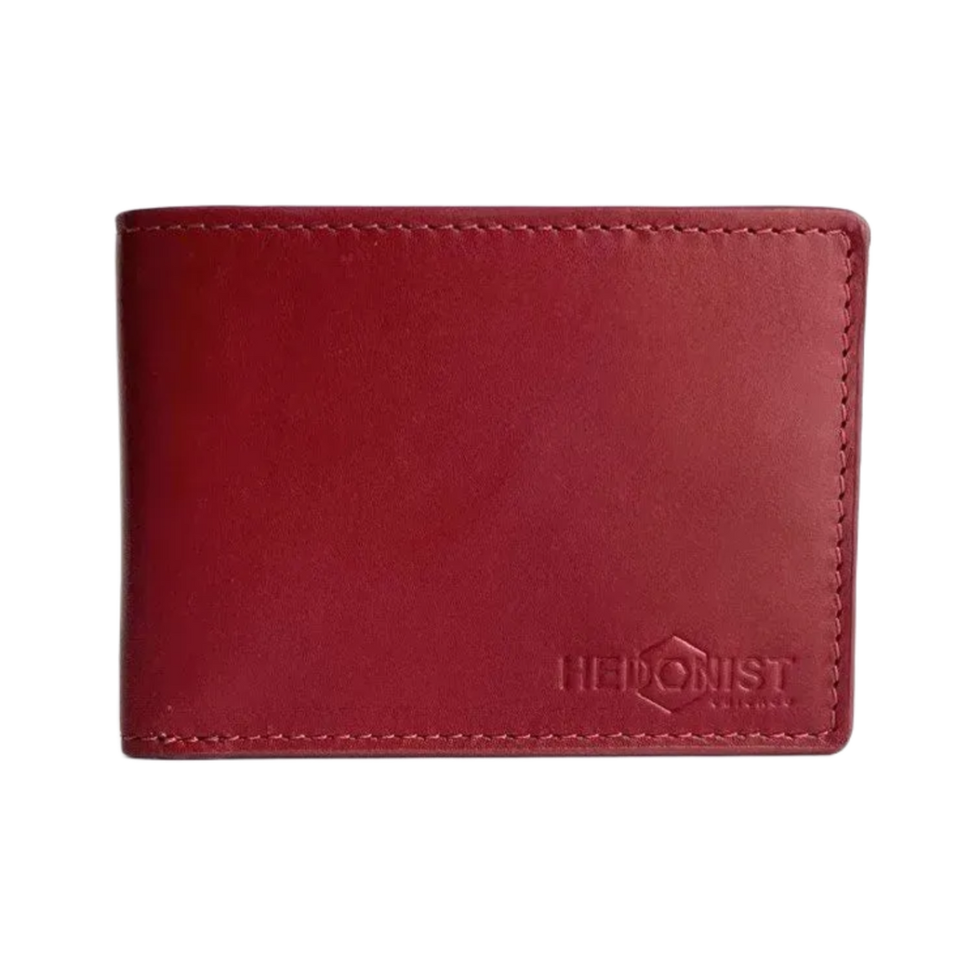 A red leather bifold wallet with visible stitching and an embossed 'HIGHERIST' logo on the lower right, shown against a plain white background.