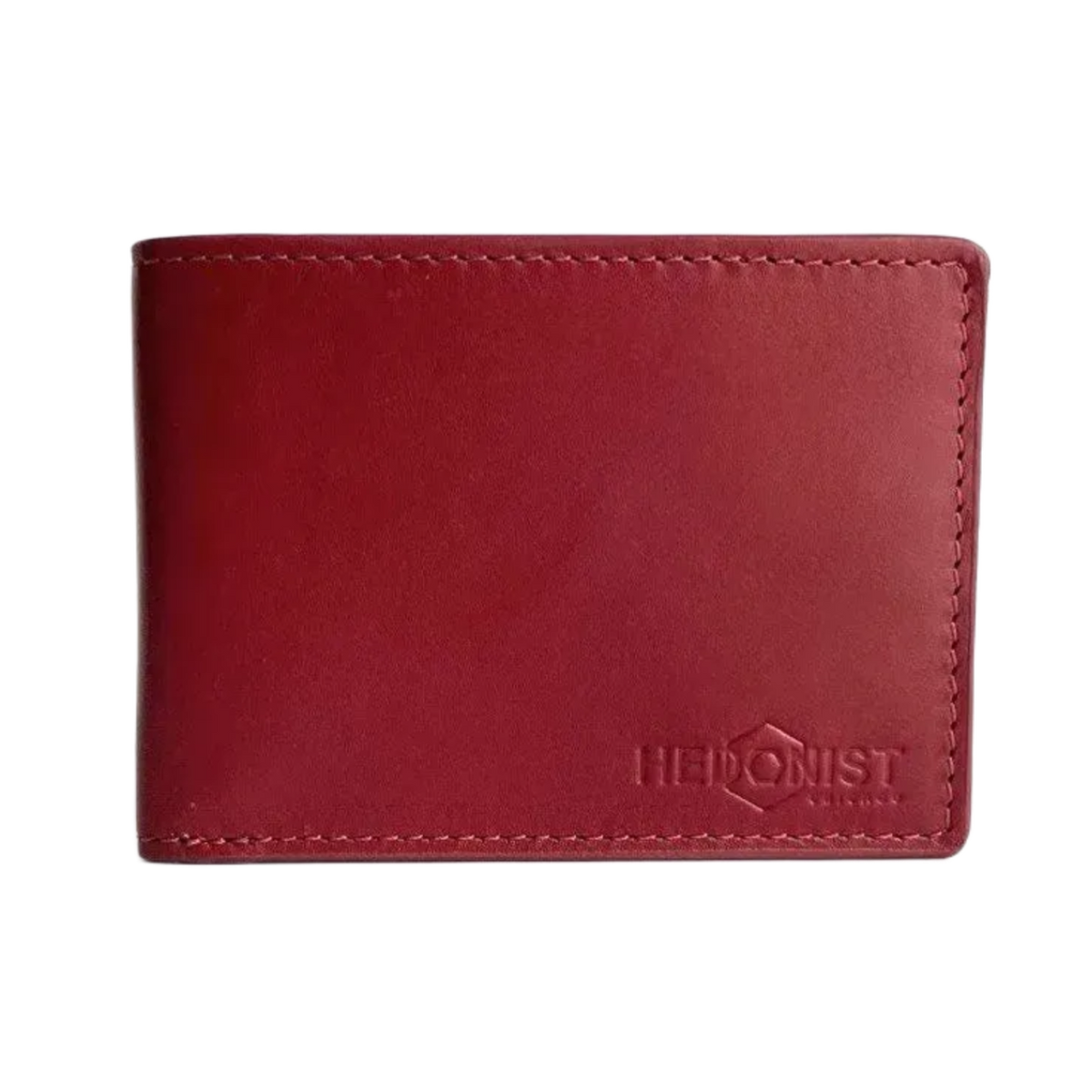 A red leather bifold wallet with visible stitching and an embossed 'HIGHERIST' logo on the lower right, shown against a plain white background.