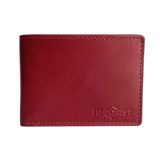 A red leather bifold wallet with visible stitching and an embossed 'HIGHERIST' logo on the lower right, shown against a plain white background.