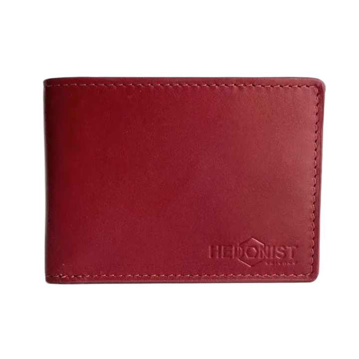 A red leather bifold wallet with visible stitching and an embossed 'HIGHERIST' logo on the lower right, shown against a plain white background.