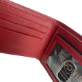 Close-up of the interior of a red leather wallet showing card slots, stitching, and a clear ID window with a visible Hedonist brand card.