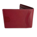 A red leather bifold wallet standing open on a white studio background, showing card slots and a snap-button closure.